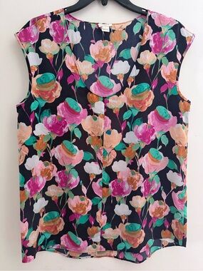 J. Crew Floral Sleeveless Camisole - Pink, Teal & Peach on Black